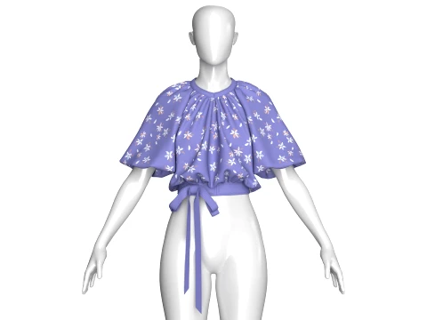 Girls Floral Printed Bubble-Hem Crop Top 3D Model