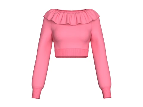 Girls Ruffled Neck Long Sleeve Crop Top 3D Model
