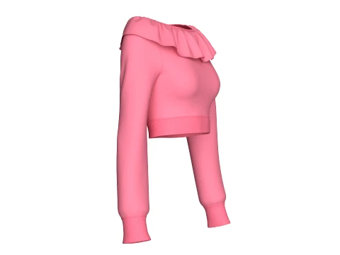 Girls Ruffled Neck Long Sleeve Crop Top 3D Model