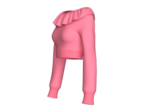 Girls Ruffled Neck Long Sleeve Crop Top 3D Model