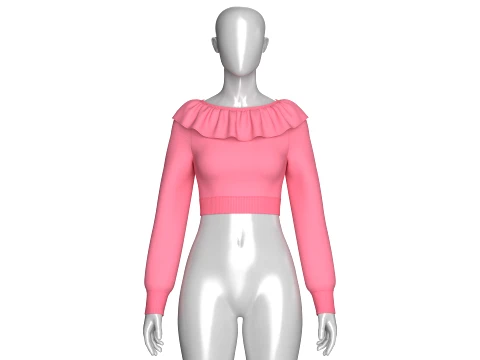 Girls Ruffled Neck Long Sleeve Crop Top 3D Model