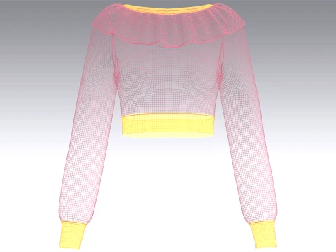 Girls Ruffled Neck Long Sleeve Crop Top 3D Model