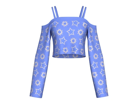 Girls Printed Strap Cold-Shoulder Long Sleeve Crop Top 3D Model