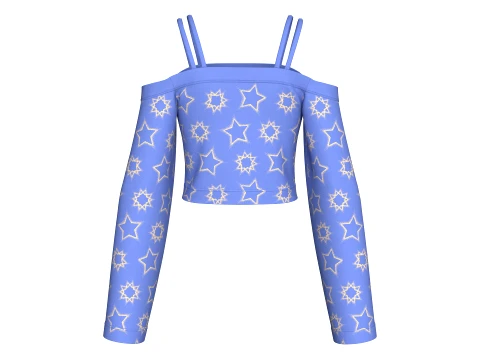 Girls Printed Strap Cold-Shoulder Long Sleeve Crop Top 3D Model
