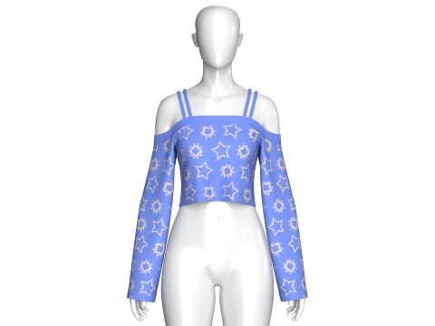 Girls Printed Strap Cold-Shoulder Long Sleeve Crop Top 3D Model