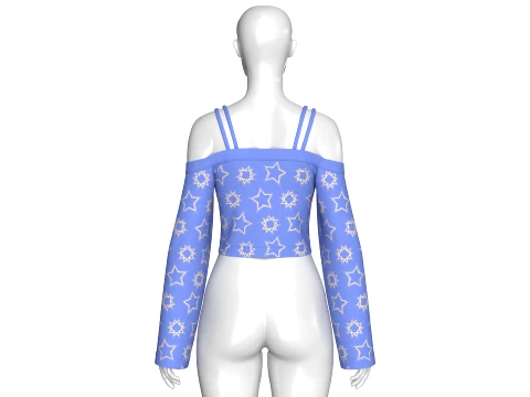 Girls Printed Strap Cold-Shoulder Long Sleeve Crop Top 3D Model