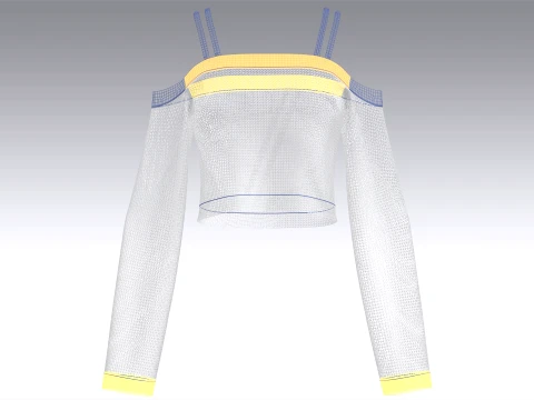 Girls Printed Strap Cold-Shoulder Long Sleeve Crop Top 3D Model
