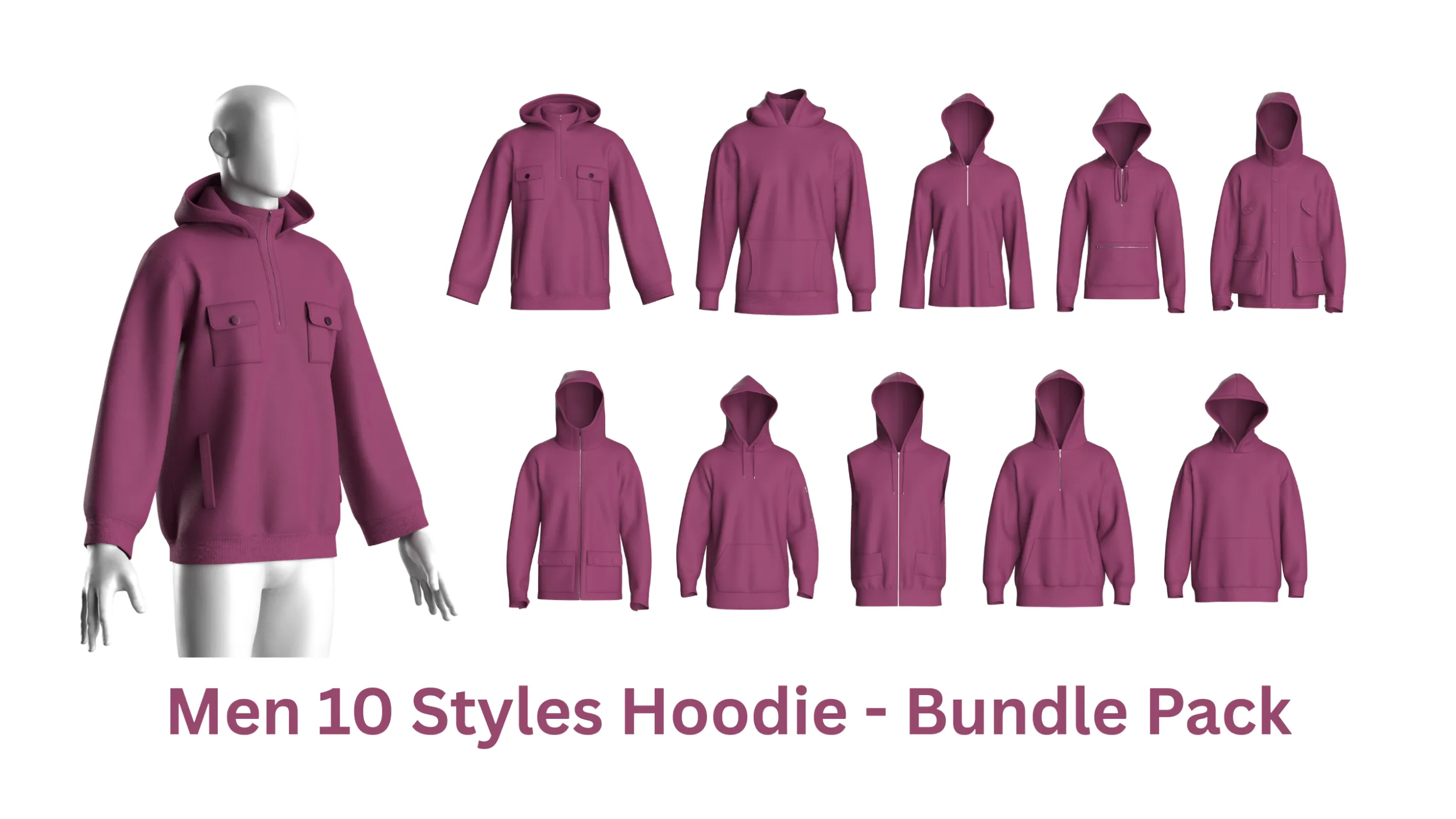 Men 10 Styles Hoodie - Bundle Pack 3D Model .c4d .max .obj .3ds .fbx .stl .blend 