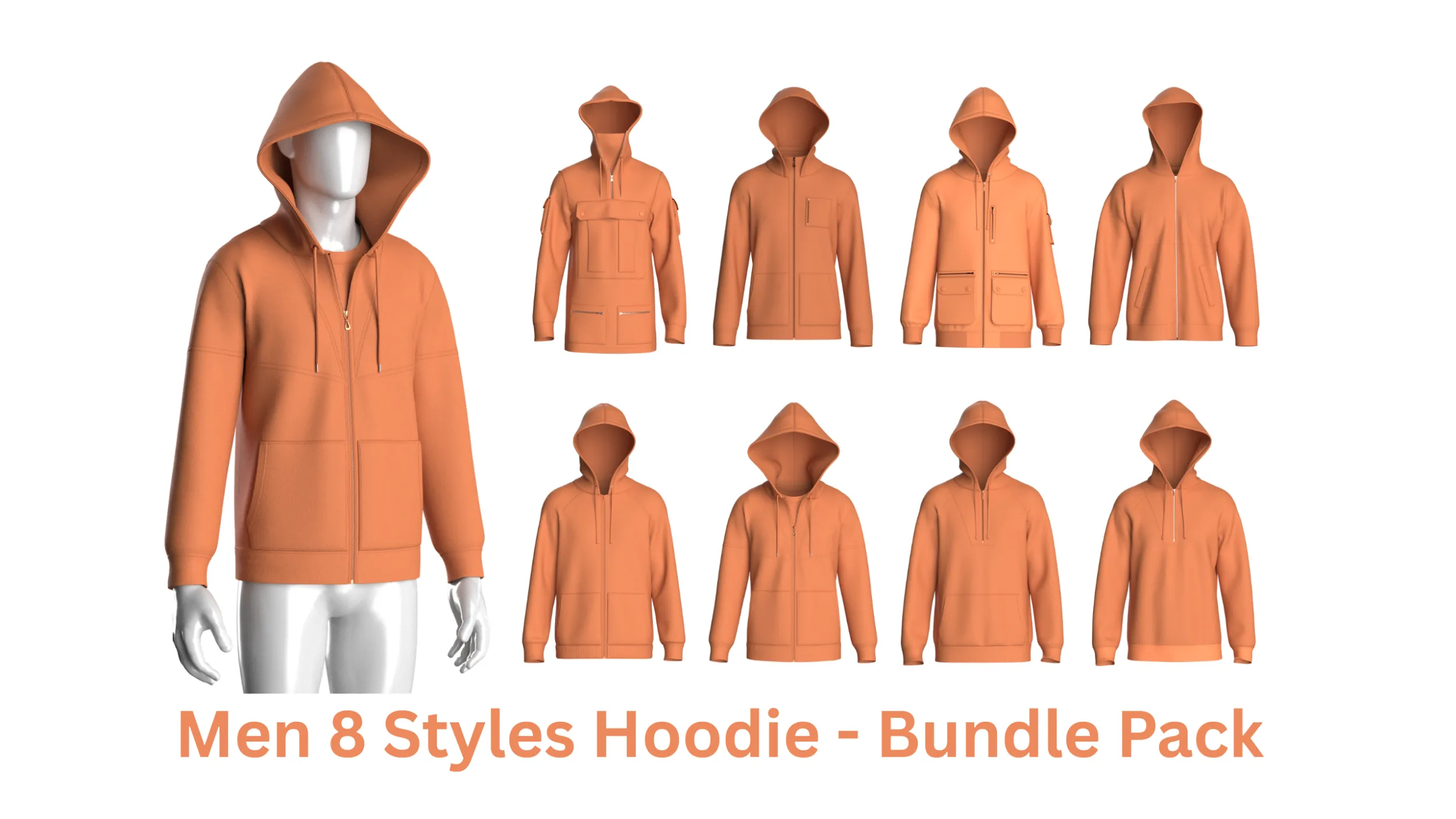 Men 8 Styles Hoodie - Bundle Pack 3D Model .c4d .max .obj .3ds .fbx .stl .blend 
