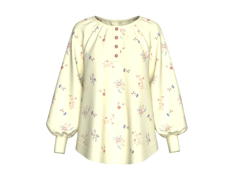 Girls Raglan Floral Print Gathered Neck Blouse Modelo 3D