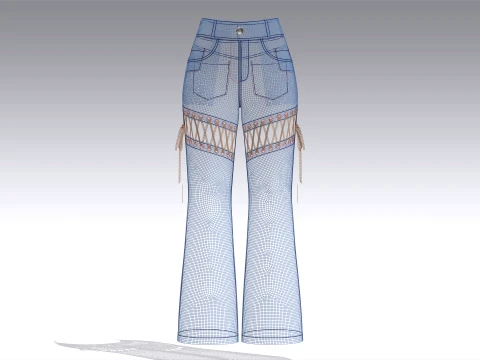 Girls Denim Lace-Up Cut Out Flared Pant 3D Model