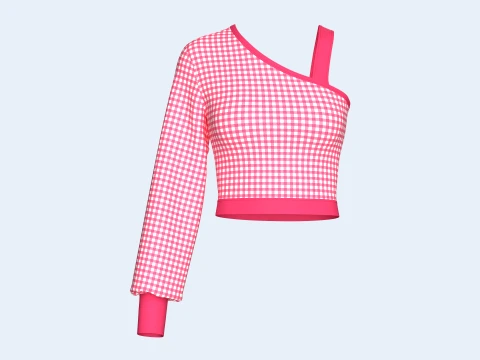 Girls Gingham Checkered One Shoulder Crop Top Modèle 3D