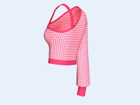 Girls Gingham Checkered One Shoulder Crop Top 3D Model