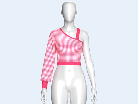 Girls Gingham Checkered One Shoulder Crop Top 3D Model