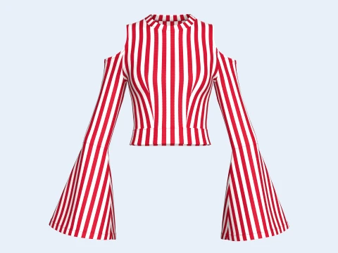 Girls Cold Shoulder Bell-Sleeve Striped Crop Top Modello 3D