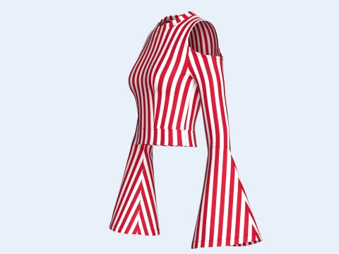 Girls Cold Shoulder Bell-Sleeve Striped Crop Top 3D Model