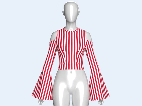Girls Cold Shoulder Bell-Sleeve Striped Crop Top 3D Model