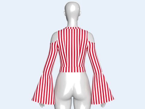 Girls Cold Shoulder Bell-Sleeve Striped Crop Top 3D Model
