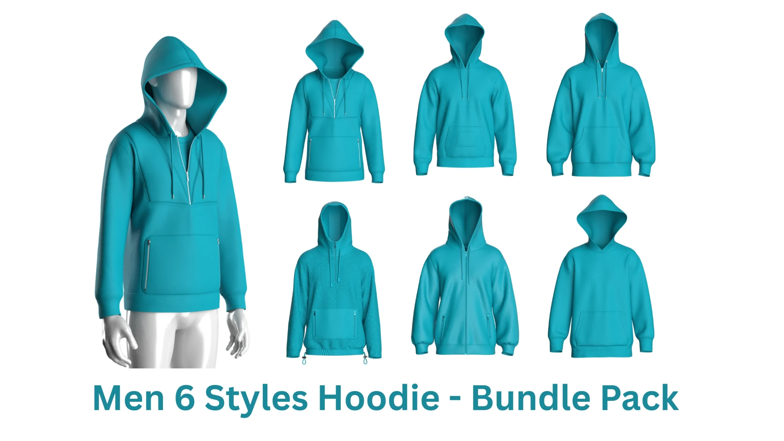 Men 6 Styles Hoodie - Bundle Pack 3D Model .c4d .max .obj .3ds .fbx .stl .blend 