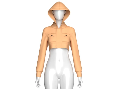Girls Double Flap-Pocket Cropped Hoodie 3D Model