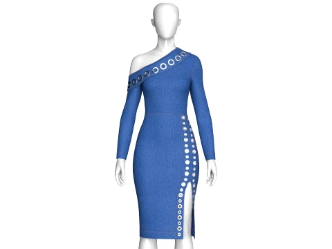 Girls Denim One-Shoulder Midi Dress With Eyelets 3D Model