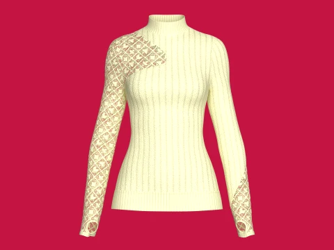 Girls Ribbed Sweater With Lace-Sleeve 3D Model
