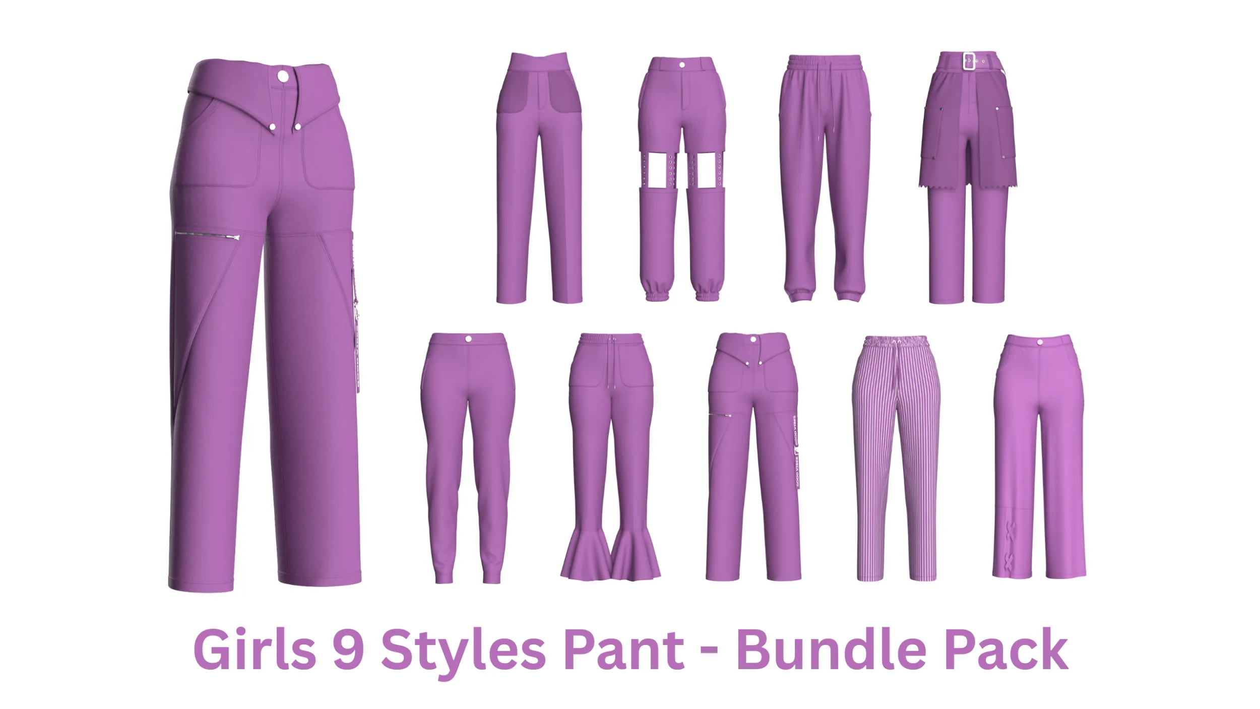 Girls 9 Styles Pant - Bundle Pack 3D Model .c4d .max .obj .3ds .fbx .stl .blend 