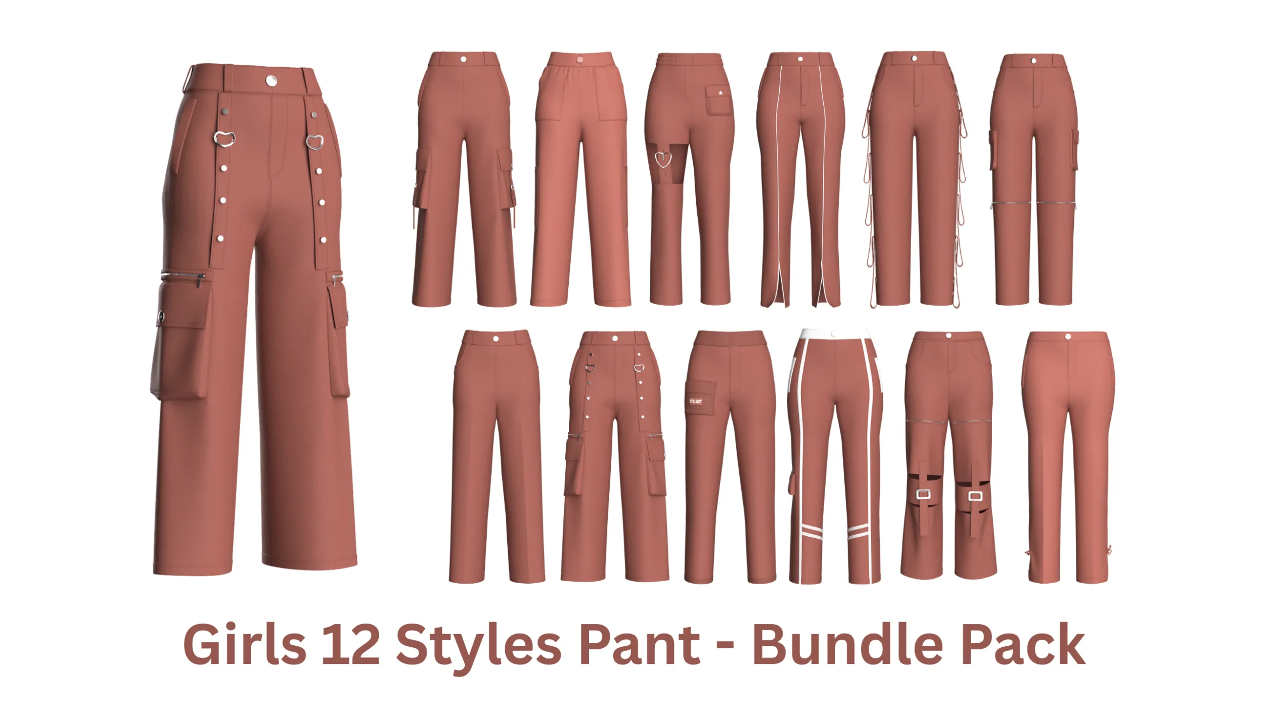 Girls 12 Styles Pant - Bundle Pack 3D Model .c4d .max .obj .3ds .fbx .stl .blend 