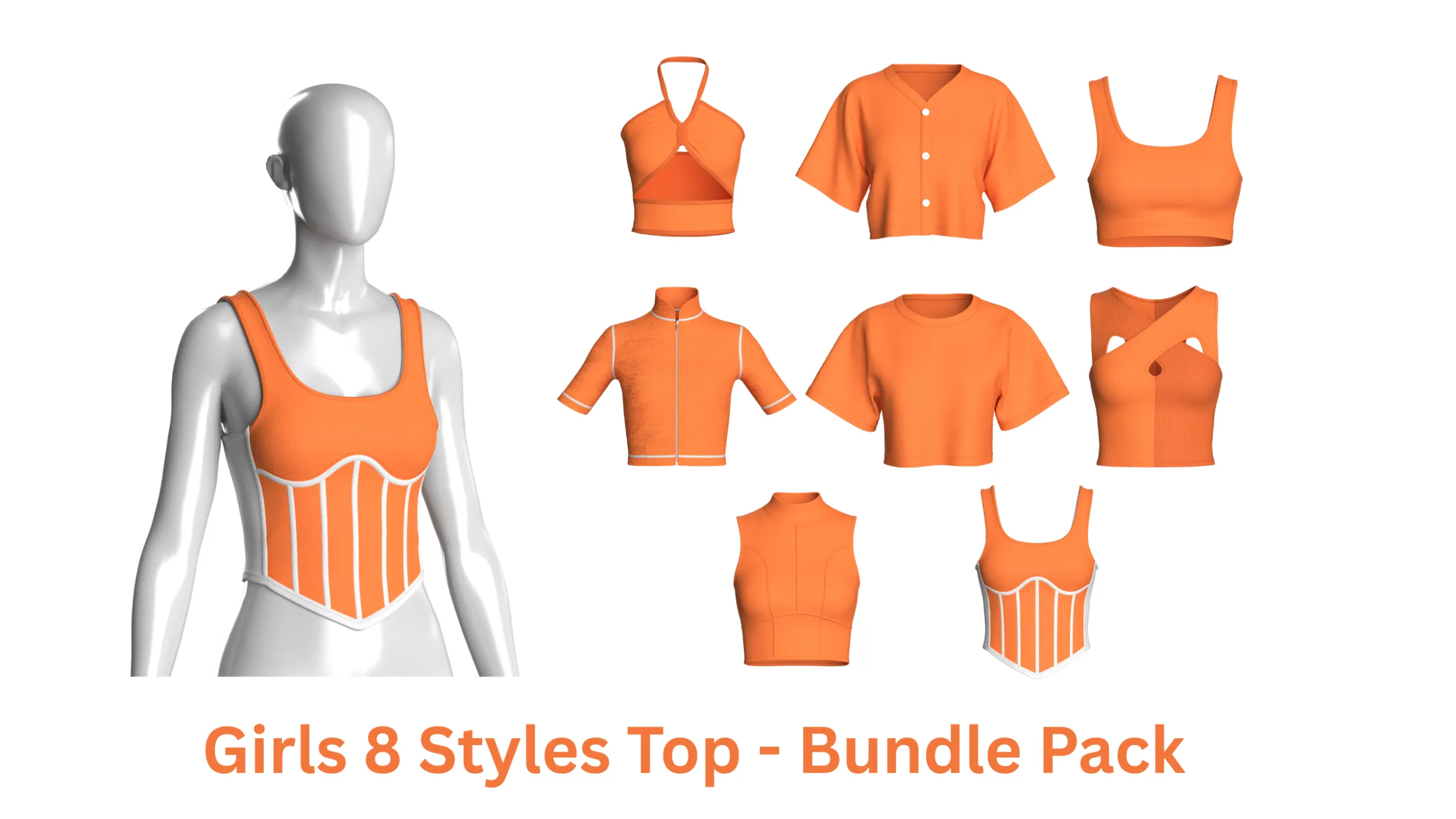 Girls 8 Styles Top - Bundle Pack 3D Model .c4d .max .obj .3ds .fbx .stl .blend 