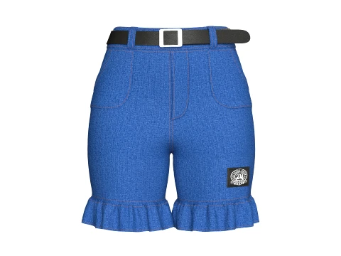 Girls Ruffle Hem Denim Shorts With Black Belt 3D Model