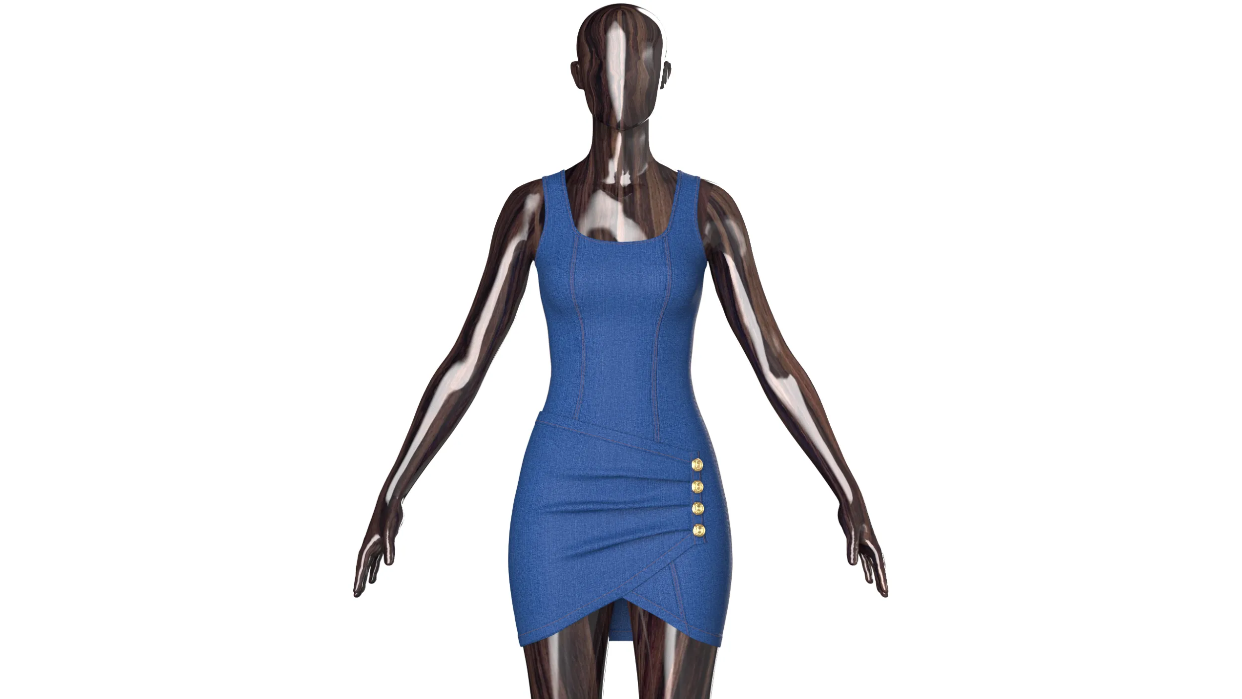 Girls Denim Draped Mini Dress With Side Buttons 3D Model .c4d .max .obj .3ds .fbx .stl .blend 
