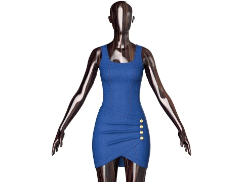 Girls Denim Draped Mini Dress With Side Buttons Modello 3D