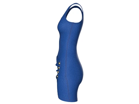 Girls Denim Draped Mini Dress With Side Buttons 3D Model