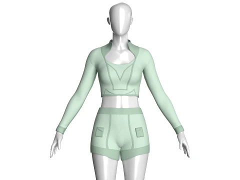 Girls Long Sleeve Crop Top And Shorts-Outfit Model 3D