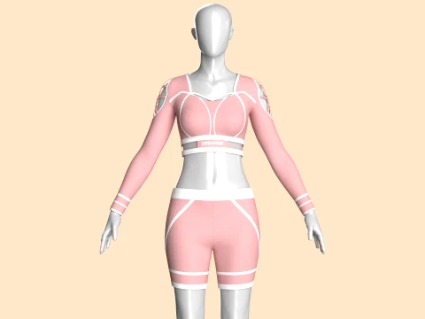 Girls Long Sleeve Crop Top With Biker Shorts-Outfit Model 3D
