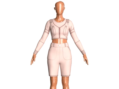 Girls Tactical Buckle Crop Top With Shorts-Outfit 3D Model