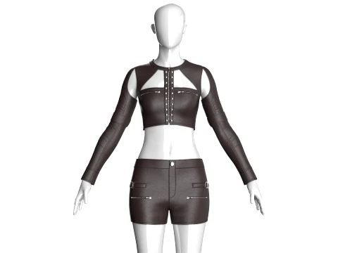 Girls Leather Cutout Crop Top With Shorts-Outfit 3D मॉडल