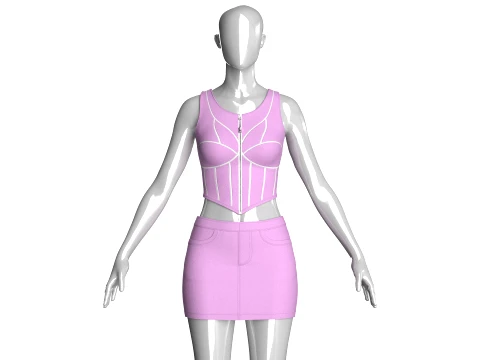 Girls Zipper Crop Top With Mini Skirt-Outfit 3D Model