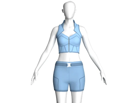 Girls Zippered Crop Top With Belted Shorts-Outfit Model 3D