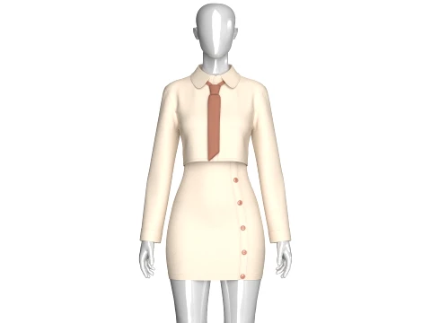 Girls Crop Shirt Tie With Side Button Skirt - Outfit 3D 模型