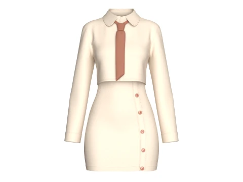 Girls Crop Shirt Tie With Side Button Skirt - Outfit 3D Model