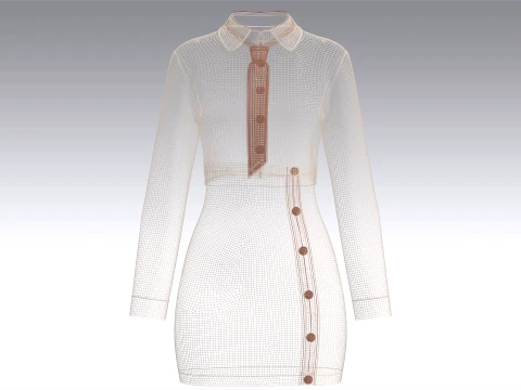 Girls Crop Shirt Tie With Side Button Skirt - Outfit 3D Model