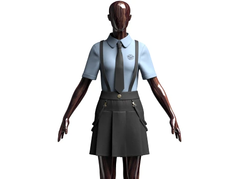 Girls Short Sleeve Shirt With Suspenders Skirt - Outfit 3D 模型