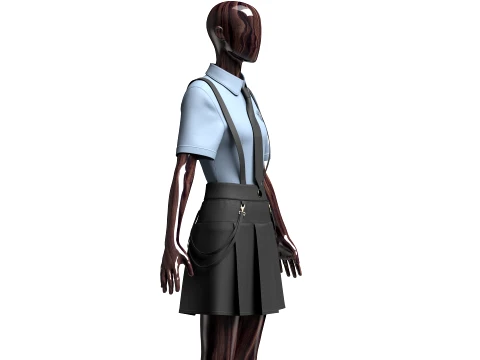 Girls Short Sleeve Shirt With Suspenders Skirt - Outfit 3D Model