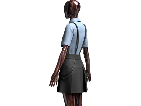 Girls Short Sleeve Shirt With Suspenders Skirt - Outfit 3D Model