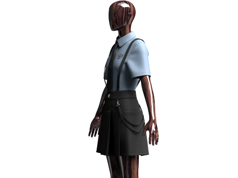 Girls Short Sleeve Shirt With Suspenders Skirt - Outfit 3D Model