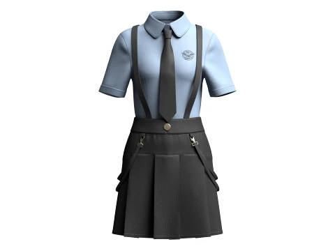 Girls Short Sleeve Shirt With Suspenders Skirt - Outfit 3D Model