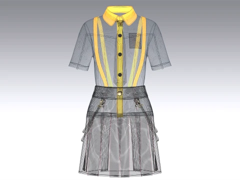 Girls Short Sleeve Shirt With Suspenders Skirt - Outfit 3D Model