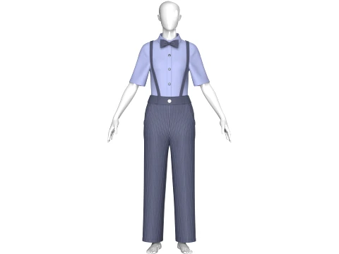 Girls Striped Pant With Shirt Suspenders - Outfit 3D 模型