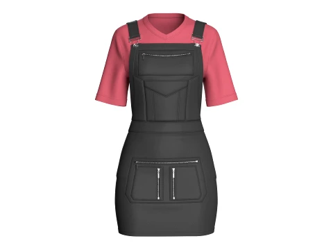 Girls V-Neck Tshirt With Pinafore Skirt Dress 3D Model